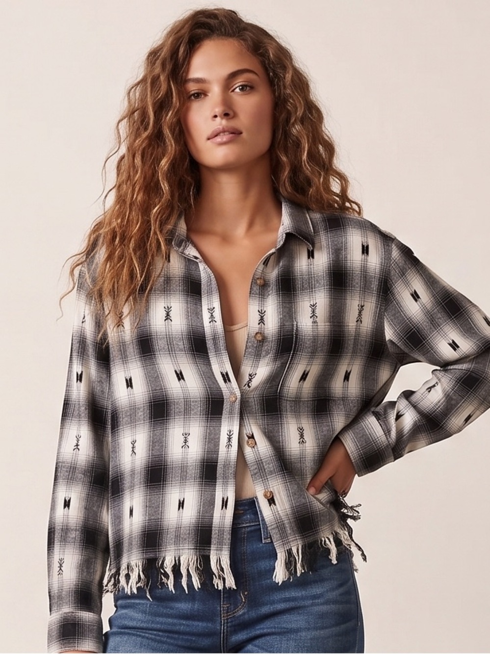 Lucky Brand fringed, raw hem 100 % Cotton button down shirt.